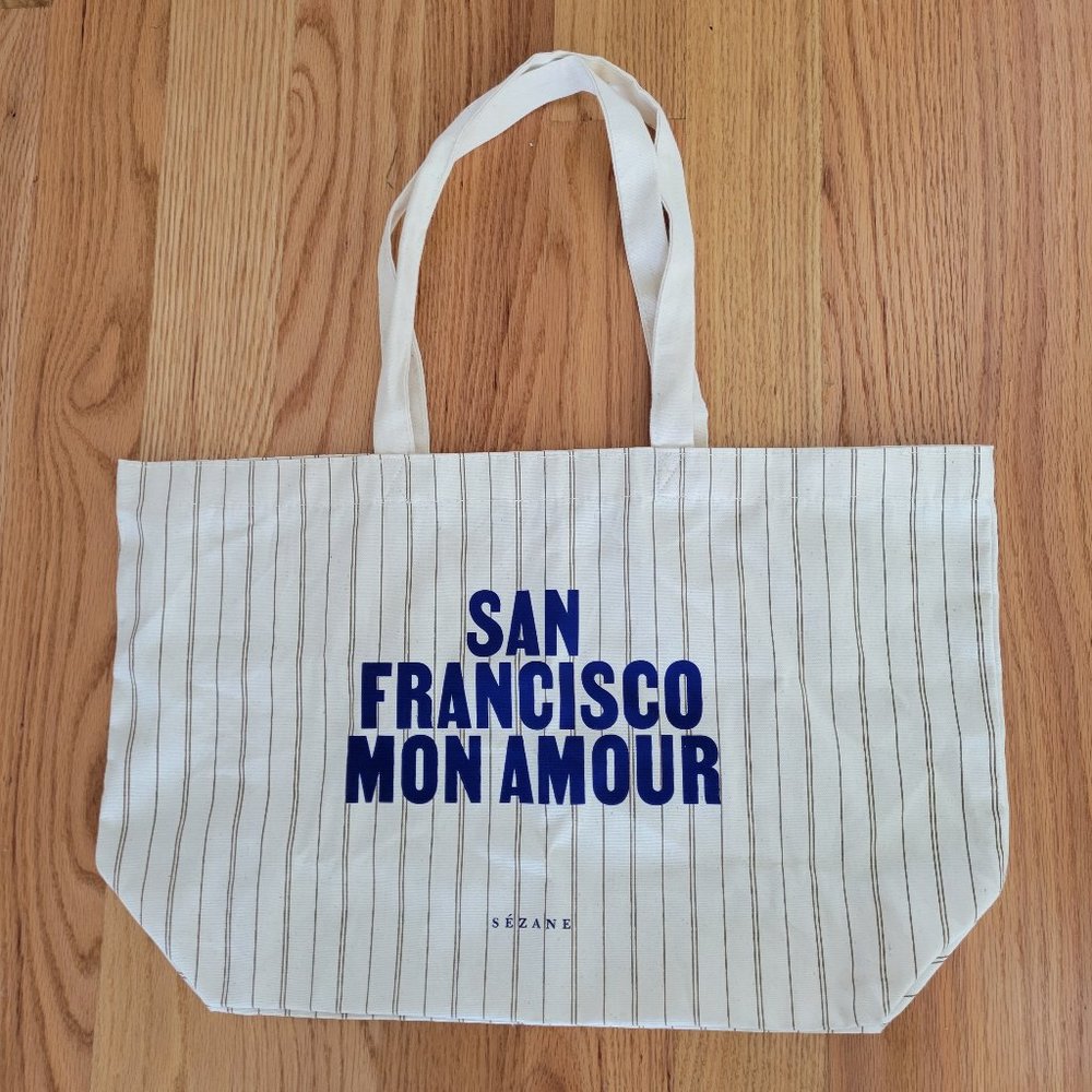 New/limited edition Sezane "mon amour" San Francisco striped Canvas Tote Bag